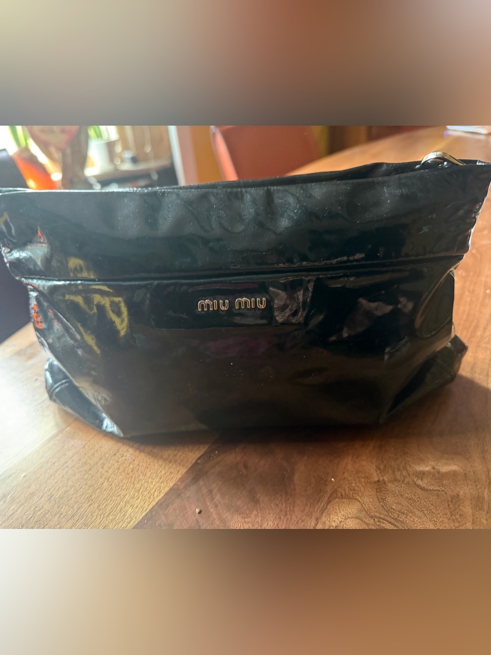 Miu Miu Black Patent Toiletry Pouch with Gold Logo